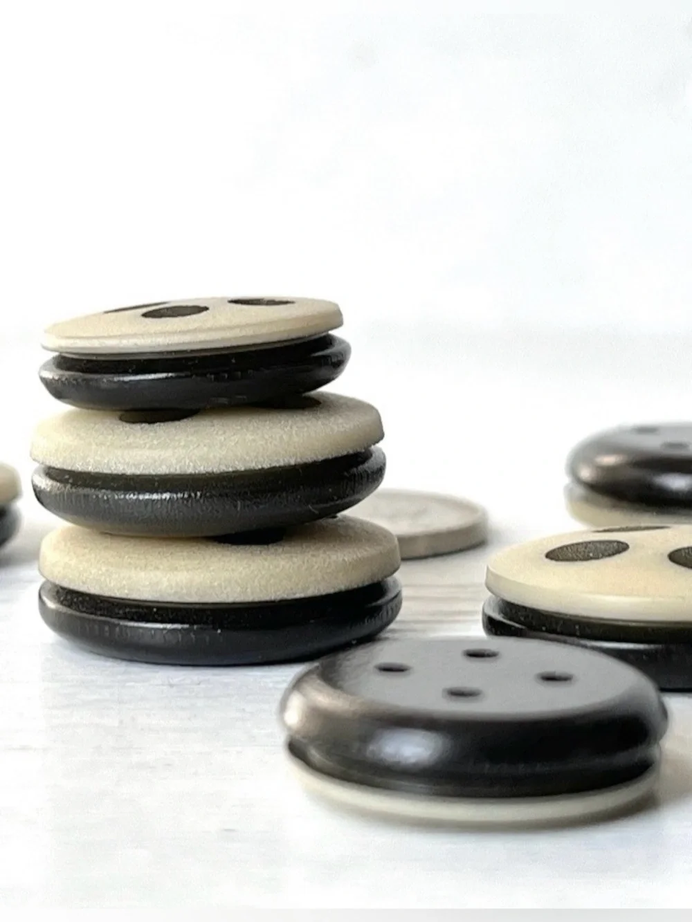 8 Unusual Vintage Round Plastic 4 hole Buttons w Groove Off White/Black Sanded F